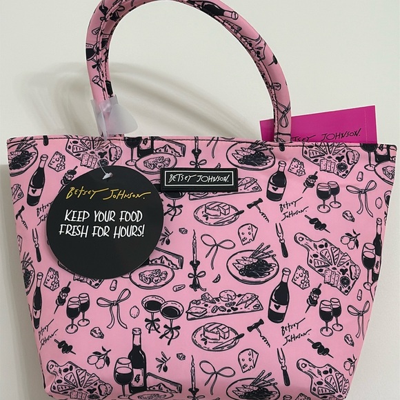 NEW Betsey Johnson Insulated Satchel Lunch Tote pink and black bag - Picture 1 of 9